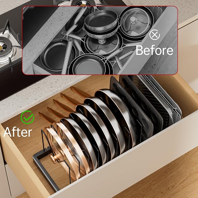ORDORA Expandable Pot Lid Organizer, Solid Metal Under‑Cabinet Pots and Pan Storage Rack 14.1''‑24.8'', Fits Bakeware & Cookie Sheets with 14 Adjustable Dividers