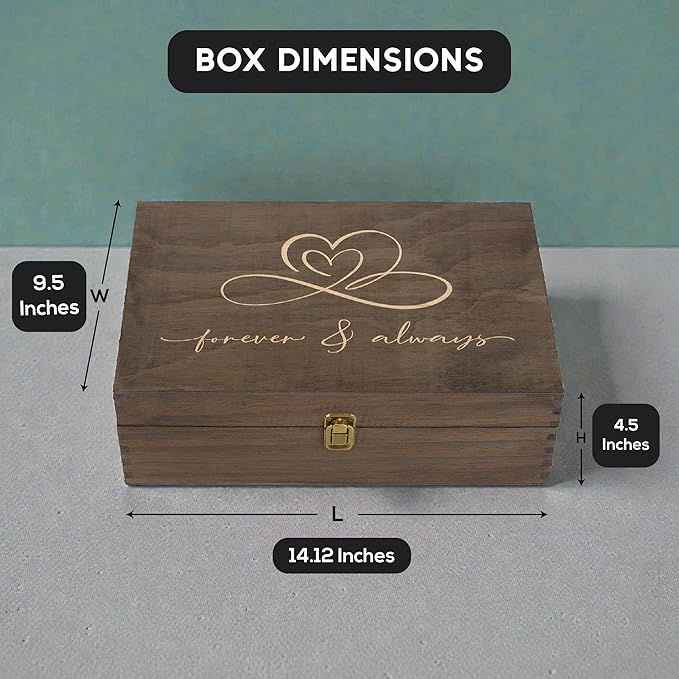 Rustic Wooden Memory Box – Medium Keepsake Storage Box with Double-Sided Engraving – “Forever & Always” Outside & “Every Love Story…” Inside – Personalized Gift for Couples, Wedding, Anniversary