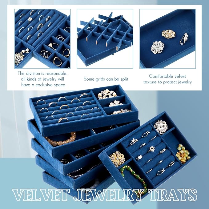 Junkin 18 Pcs Jewelry Drawer Organizer Inserts, Stackable Jewelries Inserts for Dresser Drawers, Drawer Insert Organizers Velvet Jewelry Trays for Rings Earring Bangle Necklace(Peacock Blue)