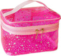 Star Print Pink PVC Makeup Bag with Handle - 8.66 * 5.51 * 5.51 inch,Clear Storage Bag Toiletry Pocket Portable Zippered Pouch Waterproof Cosmetic Organizer Bags for Women (Pink-L)
