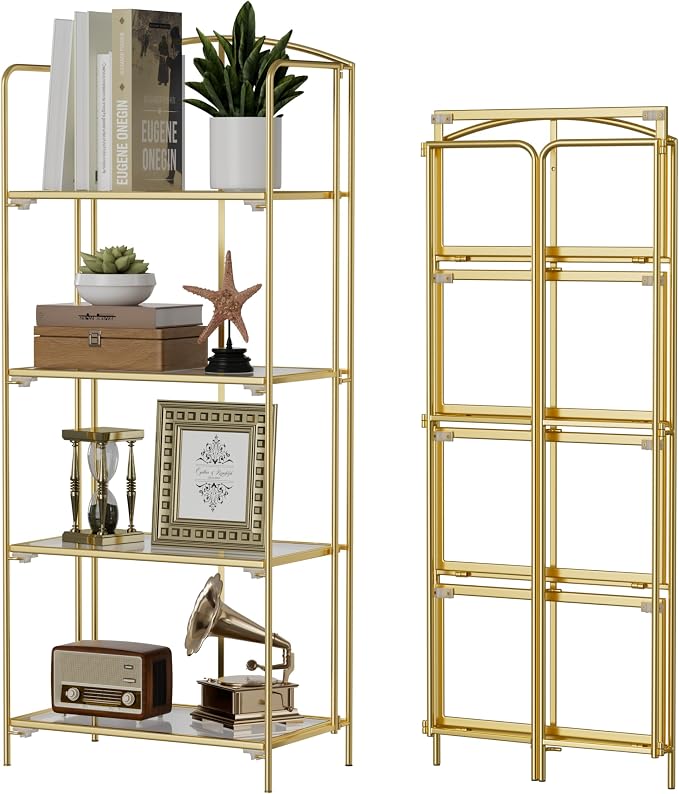 Crofy 4-Tier Foldable Bookshelf, Gold Frame & Transparent Shelves | No-Assembly Collapsible Portable Storage Organizer; Sturdy Transparent Shelves; Ideal for Living Room & Home Office