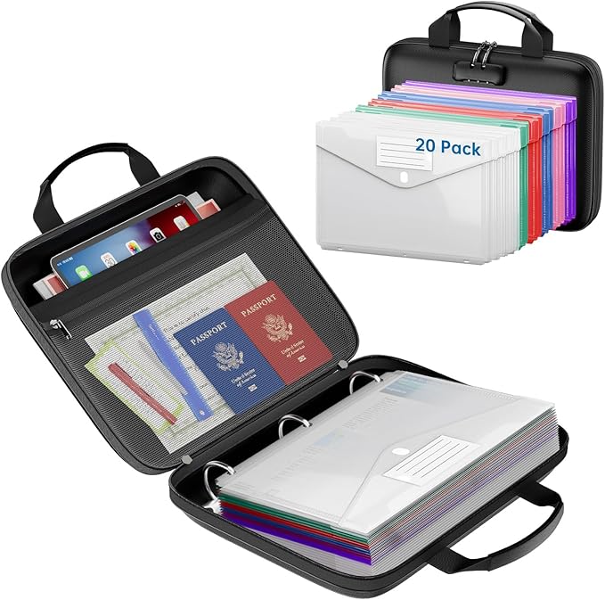 Binder Folders Organizer with 20 Pack Heavyweight Plastic Pockets,Fireproof File Folder Box with Lock,Zipper Binder Bag for Important Documents,Letter Size