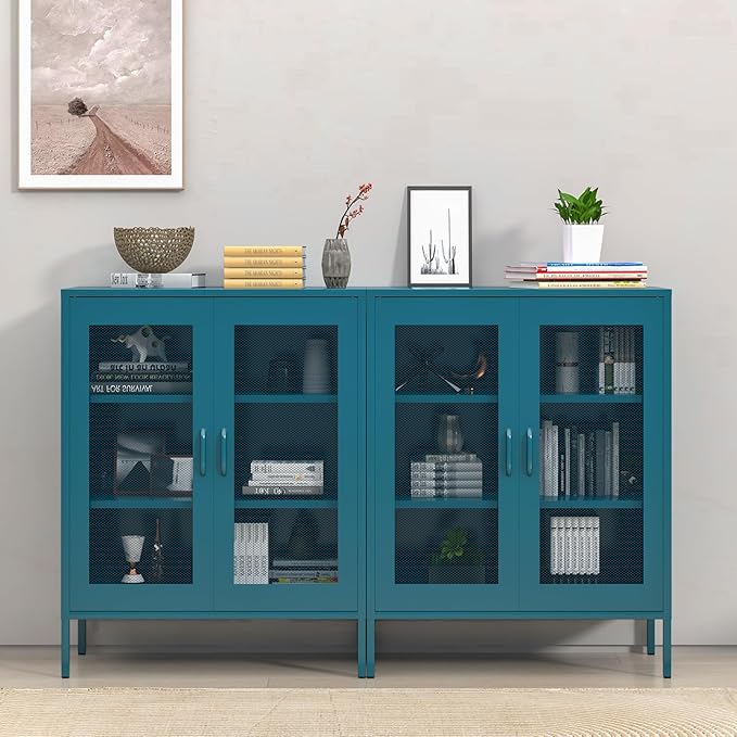 Ustamio Blue Metal Storage Cabinet with Mesh Doors, Small Office Storage with 2 Adjustable Shelves, Accent Metal Locker for Home, Office, Living Room, Hallway