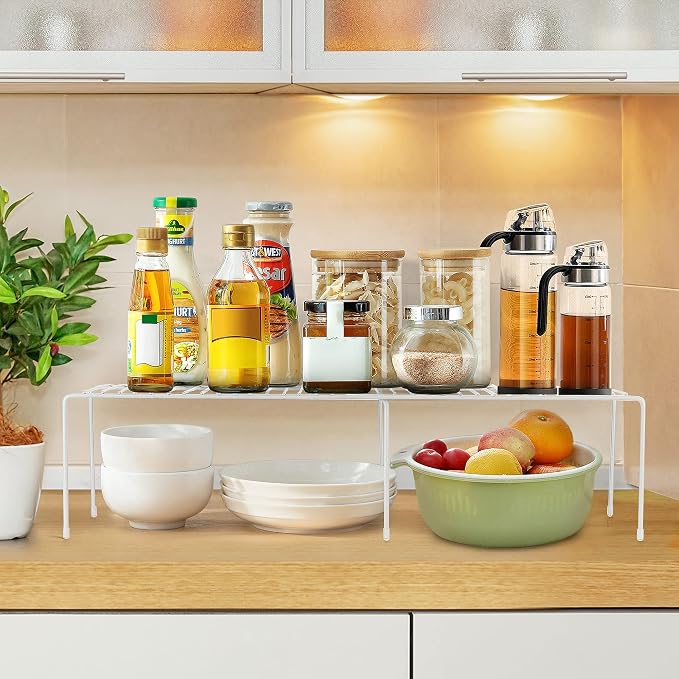 Ravinte 1 Pack Freezer Shelf Organizer, Expandable Cabinet Storage Shelf with Rustproof Metal Wire, Adjustable Kitchen Cabinet Organizer Spice Rack for Frige, Pantry, Cupboard, Countertop - White