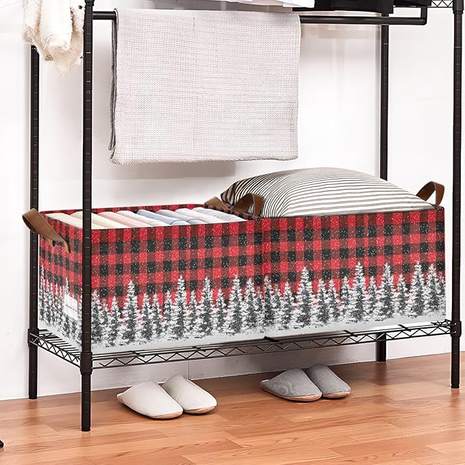 Xmas Tree Red and Black Buffalo Plaid Storage Basket Foldable Cube Storage Bins with Handles&Label Waterproof Organizer Box Bin Large Rectangle Decorative Baskets for Shelves Home Room Laundry