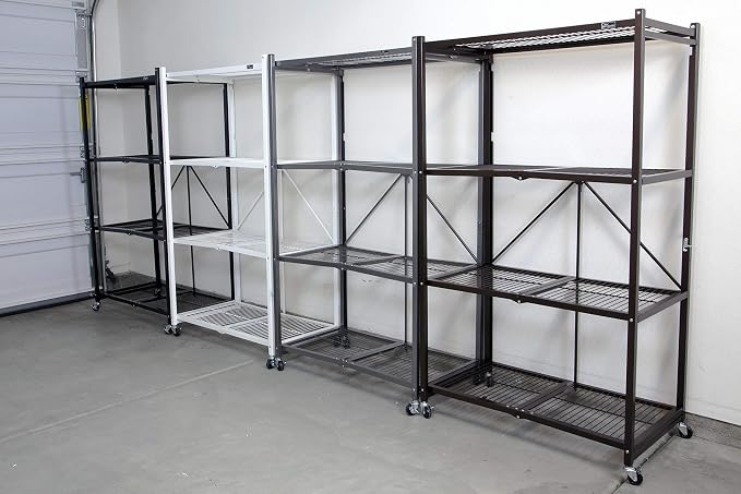 Origami R5 4-Shelf Heavy-Duty Folding Storage Rack, White - Large Foldable Metal Shelving Unit with Wheels for Garage, Pantry, Basement, Laundry Room or Warehouse