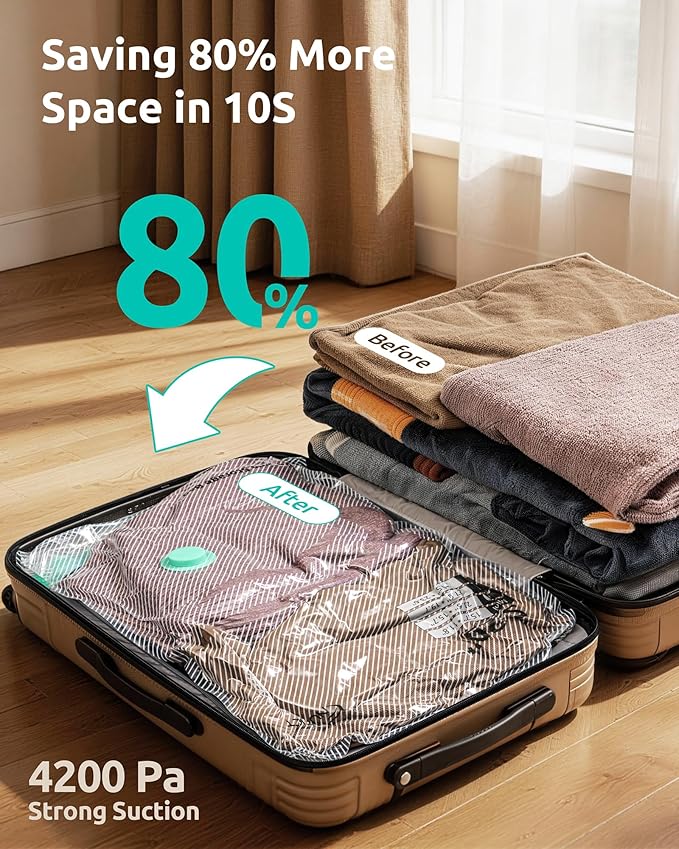 Travel Vacuum Seal Bags with Electric Pump, 16 Pack, Home Seasonal Storage | 4 Sizes, Compression Pack Bag for Clothes, Blankets, Bedding, Pillows, Extra-Thick, Reusable, Luggage & Suitcase Space Saver