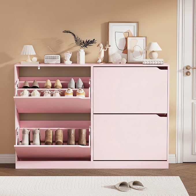Shoe Storage Cabinet, Wood Shoe Organizer for Entryway with 3 Flip Drawers, Freestanding Shoe Rack with Adjustable Shelf, Narrow Shoe Dresser for Front Door Entrance (Pink, Standard 4 Drawers)