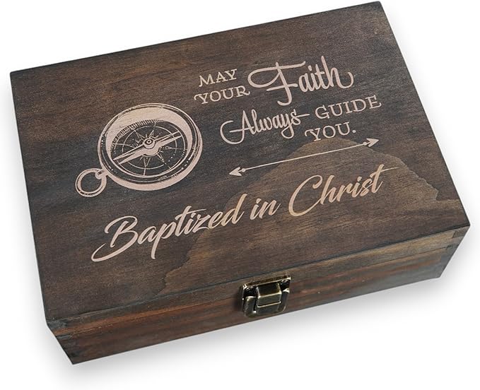Engraved Baptism Memory Box – Wooden Keepsake Box for Christening Gifts, Baby Dedication, or First Communion – Medium Size – Dark Walnut Finish – 8.5 x 6 x 3 in
