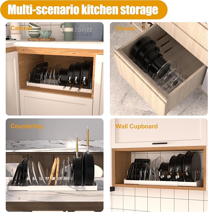 2 Pack Pots and Pans Organizer Under Cabinet, Expandable Pot Lid Organizer Racks, Include 20 Stainless Steel Racks & White Plastic Base, Perfect for Kitchen Cabinet, Countertop & Cupboard