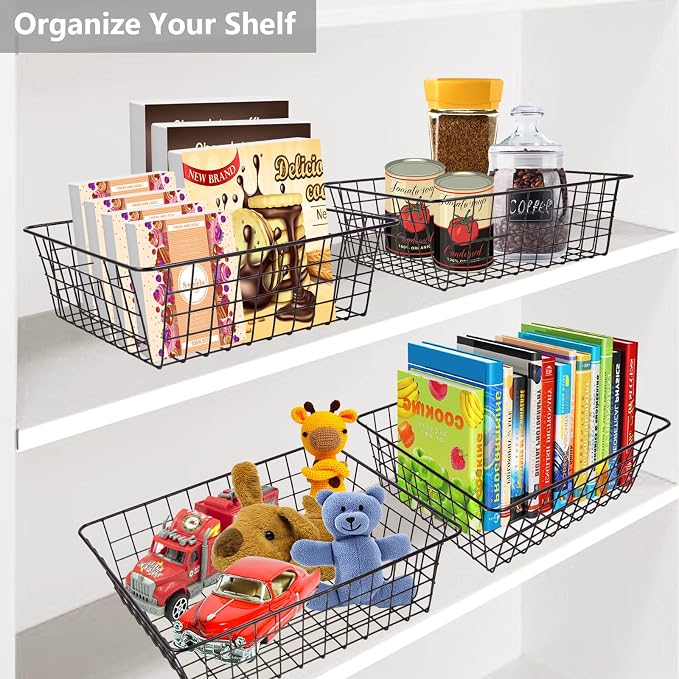 Wire Baskets for Organizing 4 Pack Pantry Baskets For Storage 11x8.7x4.7in | Wire Baskets for Kitchen Refrigerator Freezer Cabinet Shelf Garage,Metal Bin with Side Handles for Easy Pull (Black)