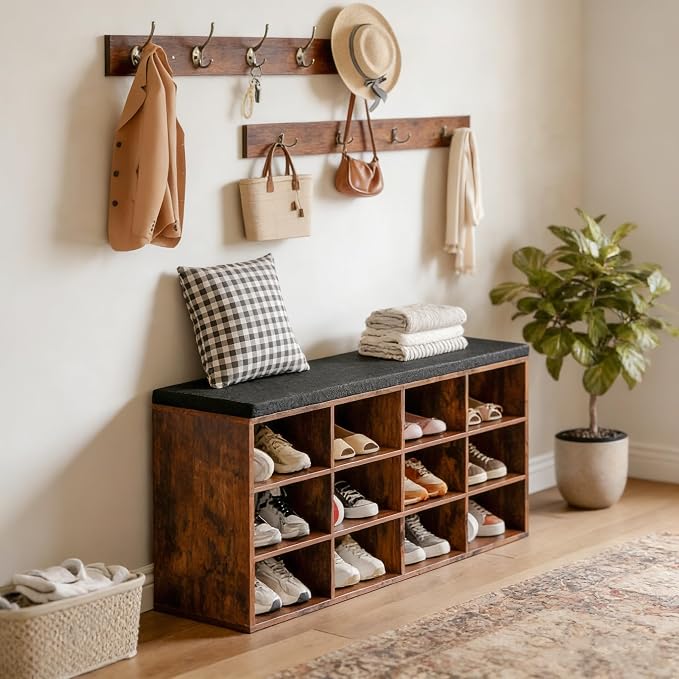 HOOBRO Shoe Storage Bench with Cushion, 39.4" L Entryway Bench with 12 Cubbies, Entryway Hall Tree with Storage, Shoe Cabinet with Coat Rack for Bedroom, Hallway, Holds up to 330 lb, BF112HX01G1