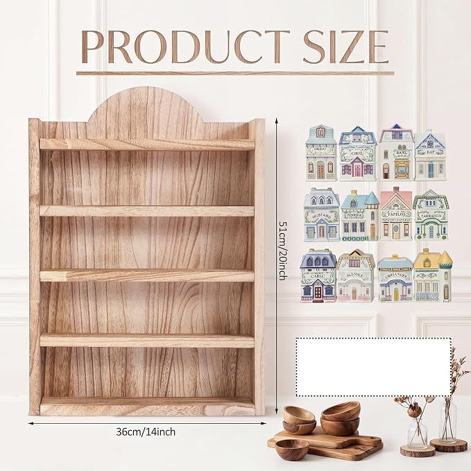 Chunful Vintage Spice Jar Wooden Rack Light Oak Farmhouse Spice Shelf for 24 Jars, Village Style Wall Mounting Kitchen Storage Decorative Hanging Display Rack, Shelf Only