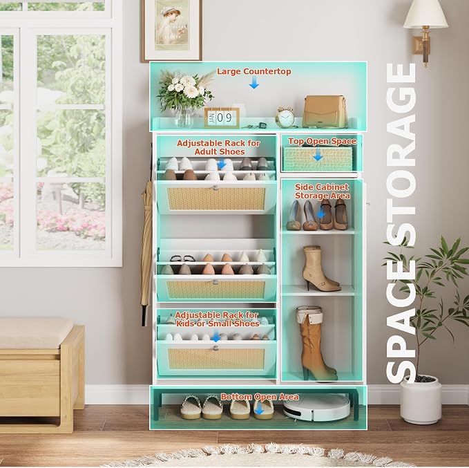 Garvee Shoe Cabinet with 3 Flip Drawers, Freestanding Shoe Organizer with 4-Tier Shoe Storage Cabinet and Adjustable Shelf & Rattan Doors,Narrow Shoe Rack Cabinet for Entryway, Closet, Hallway