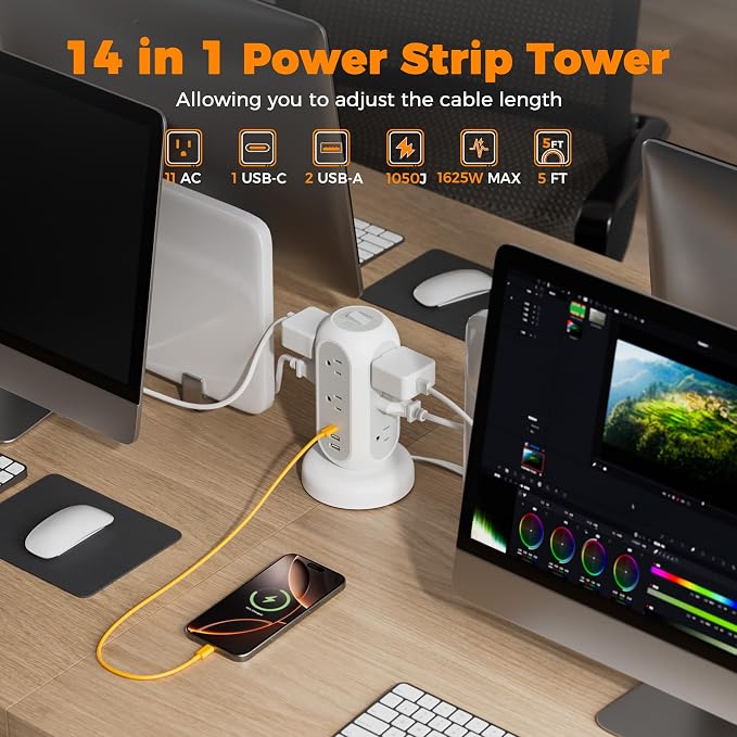 TESSAN Tower Power Strip Flat Plug with 1050J Surge Protection, 5 Ft, Black | 11 Outlets 3 USB (1 USB C), Surge Protector Power Tower, Retractable Extension Cord with Multiple Outlets for Dorm, Office
