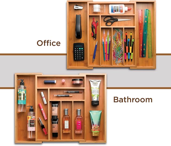 Bamboo Drawer Organizer - 8 Compartment Expandable Silverware Organizer and Utensil Holder, 17 Inch Long, 13 to 22 Inch Wide, 2 Inch Deep Kitchen Cutlery Tray Insert for Flatware Knives Large Utensils