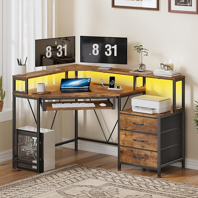 47" Corner Desk with Drawers, Power Outlets ＆ Printer Shelf for Small Space | Small Computer Desk with Monitor Stand, Triangle Gaming Desk with LED Lights and Keyboard Tray, Rustic Brown