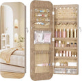 LVSOMT 6 LEDs Mirror Jewelry Cabinet Door Hanging, 42.5", Lockable, Brown | Jewelry Organizer with Full Length Mirror, Wall Mounted Large Jewelry Storage for Earrings, Rings, Necklaces