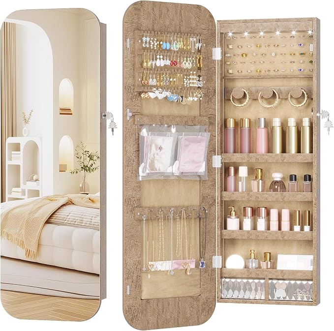 LVSOMT 6 LEDs Mirror Jewelry Cabinet Door Hanging, 42.5", Lockable, Brown | Jewelry Organizer with Full Length Mirror, Wall Mounted Large Jewelry Storage for Earrings, Rings, Necklaces