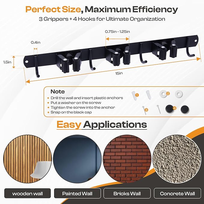 Heavy-Duty Stainless-Steel Broom Holder Wall Mount with 3 Racks and 4 Hooks | Waterproof Mop and Broom Hanger | Adjustable, Garage & Garden Tool Organizer | Black