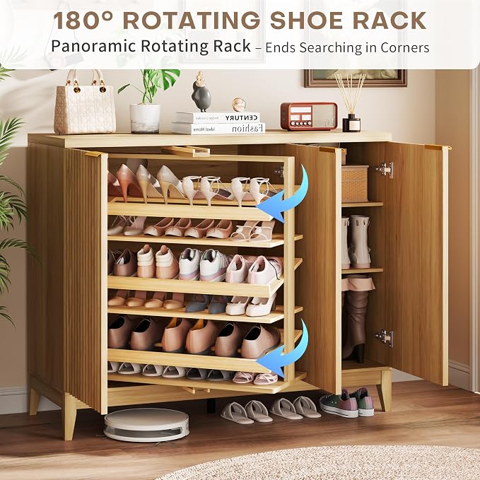Vlsrka Shoe Storage Cabinet with Fluted Doors and Adjustable Shelves | 6 Tier Wooden Shoe Organizer, Large Capacity, Human Sensor Lighting, 180° Rotating, for Entryway, Hallway, Living Room, Wood