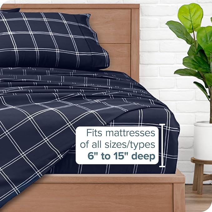 Bare Home Queen Sheet Set - Luxury 1800 Ultra- Soft Double Brushed Microfiber - Deep Pockets - Easy Fit - 4 Piece Bedding Sheet Set (Queen, Modern Plaid -Midnight/White)
