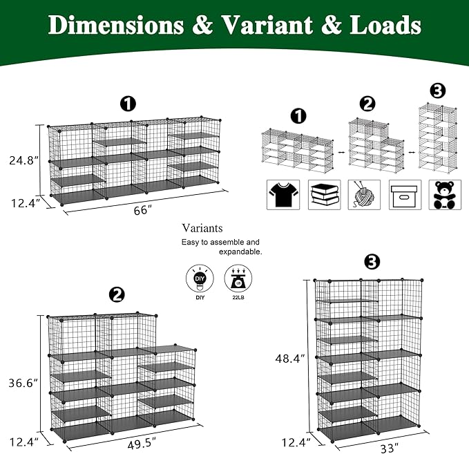 C&AHOME Wire Cube Storage Unit, Interlocking Metal Wire with Divider, Black | Modular Cabinet with Plastic Panels Bookshelf Stackable Closet Organizer with Small Hooks