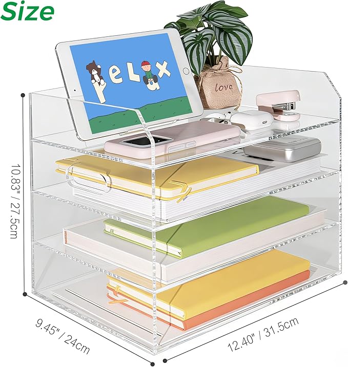 Paper Tray Organizer for Desk, 4 Tier Acrylic Desk Organizers and Accessories, One-Piece Integrated A4 Paper Organizer with Handles, Crystal-Clear Letter Tray & Office File Holder, Books Notes