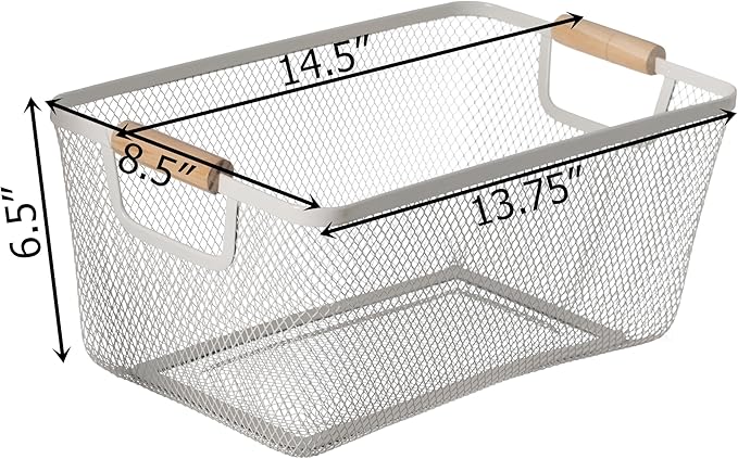 Basicwise Set of 3 Large Multipurpose Metal Mesh Basket with Wooden Handle Storage Organizers for Kitchen Bathroom Cabinet Closet Countertop Fruit Holder Picnic Food & Beverages Carrier & Home Decor