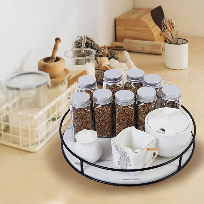 12 Inch White Wood Lazy Susan,360° Decorative Turntable for Countertop