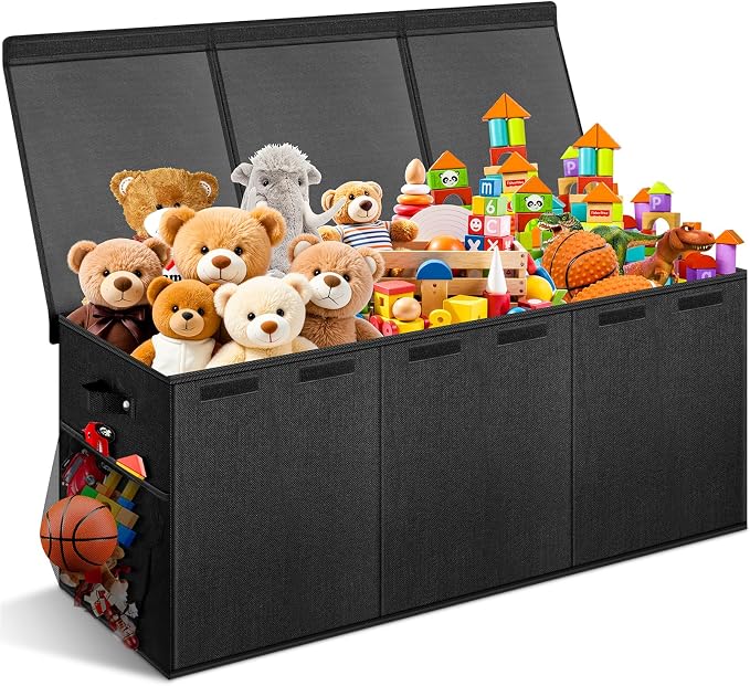 Extra Large Toy Box with Lids, Collapsible Storage Bin, 38"x16"x14",Black | Sturdy Chest Basket with Dividers for Boys & Girls, Bedroom Nursery Playroom Organization