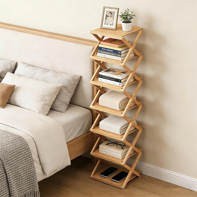 Bamboo Shoe Rack - No Assembly Required, Tall Narrow Foldable Shoe Organizer, Space-Saving Multifunctional Shelf for Entryways, Corners, Bedrooms, Balconies, 6 Layer(Reinforced and Thickened)