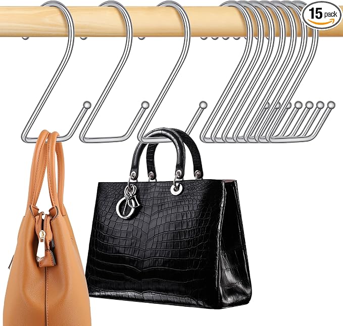 15 Pack Purse Hanger for Closet, Super Sturdy Purse Hooks, Hanging Backpack Bag Holder, Closet Organizers and Storage, Silver