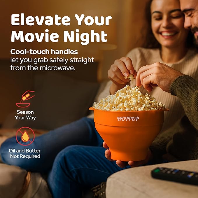 The Original Hotpop Microwave Popcorn Popper, Silicone Popcorn Maker, Collapsible Bowl BPA-Free and Dishwasher Safe- 20 Colors Available (Orange)