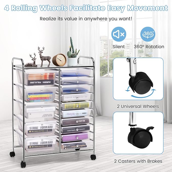 DREAMADE Rolling Cart with 15 Drawers, Clear Plastic Drawer Organizer w/Lockable Wheels, Removable & 2-Sized Storage Drawers, Art Cart for School Home Art Supplies Crafts File Scrapbook (Transparent)