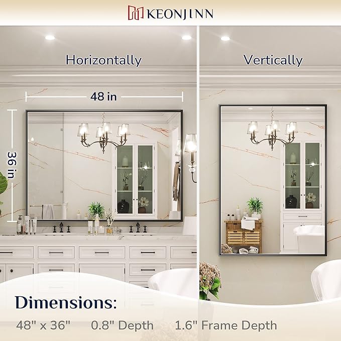 Keonjinn 48 x 36 Inch Black Bathroom Mirror, Large Rectangle Mirror for Vanity, Matte Black Metal Framed Farmhouse Mirrors, Square Corner Rectangular Wall Mirrors for Over Sink(Horizontal/Vertical)