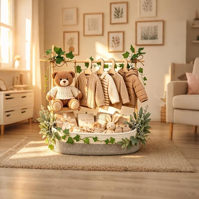 Large Baby Shower Basket Empty Baby Shower Crate Closet Woven Baskets | 16.5" x 9.5" Woven Baskets with Clothes Hangers and Gift Bag New Born Empty Storage for Welcome Gift Pregnancy New Parent