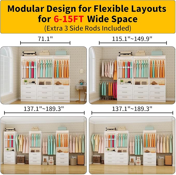 Closet System with 9 Drawers, 6-15FT Closet Systems for Walk in Closets with 6 Expandable Rods & 3 Shelves, Wood Custom Modular Closet Organizer Storage System Shelving Kit, 3 Sets, White