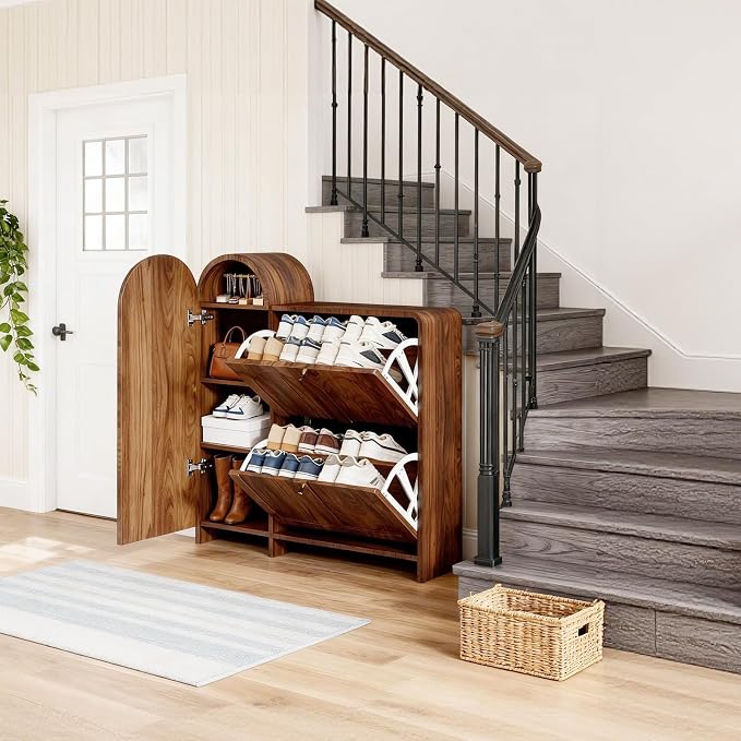 Arched Cabinet with Doors-Shoe Cabinet,Hidden Shoe Rack,Shoe Stand for Entryway Compact Shoe Storage in Walnut Finishes,Mid-Century Style for Entryway