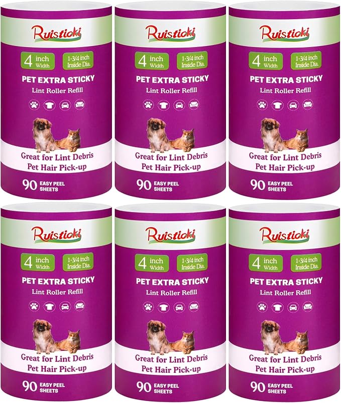 4 inch Lint Roller Refills Compatible with Scotch-Brite Pet Extra Sticky Lint Roller 90 Sheets per Refill Pack of 6 Rolls 540 Sheets Total Replacement for Scotch Brite Lint Roller Refill