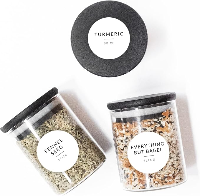 Round Spice Labels Stickers for Glass Jars - 140 Preprinted Waterproof Spice Jar Labels Stickers for Top of Lids, Seasoning Labels Only, Kitchen Pantry Organization