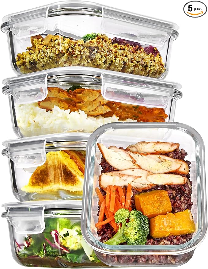 Vtopmart 5Pack 22oz Glass Storage Containers with Lids, Glass Meal Prep Food Container Sets with Snap Airtight Lid for Microwave, Oven, Freezer and Dishwasher, Grey
