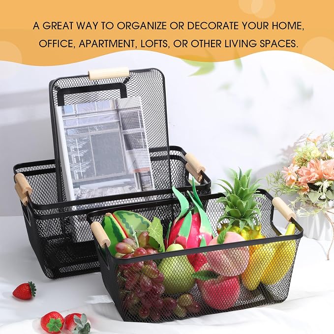 Ziliny 4 Pcs Metal Mesh Wire Baskets with Wooden Handles for Organizing, Pantry Organizers and Storage Steel Bin Kitchen Baskets for Fruit Potato Onion Snacks Bathroom Cabinet(Large,Black)