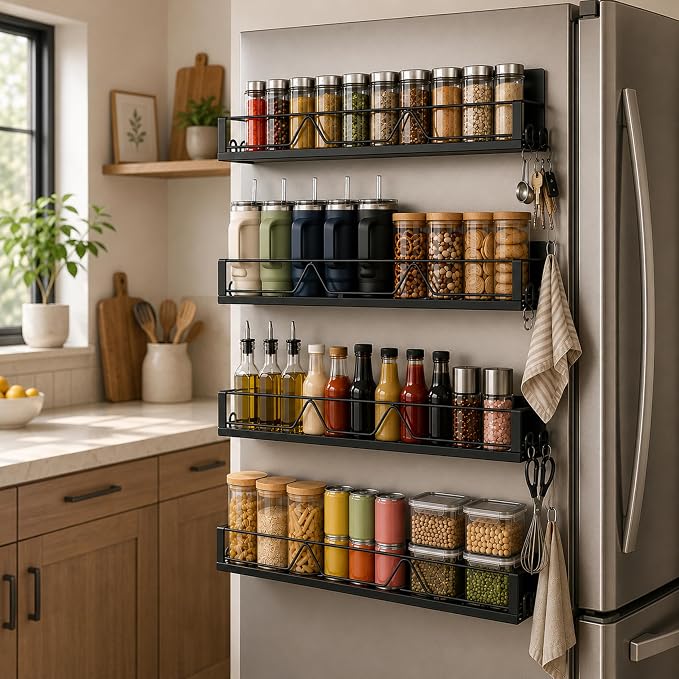 Magnetic Spice Rack for Refrigerator & Oven, 4 Pack XL Heavy Duty Magnetic Shelf for Fridge with Hooks, No Drill Rust Proof Shelves for Washer and Dryer, Sleek fridge magnet organizer