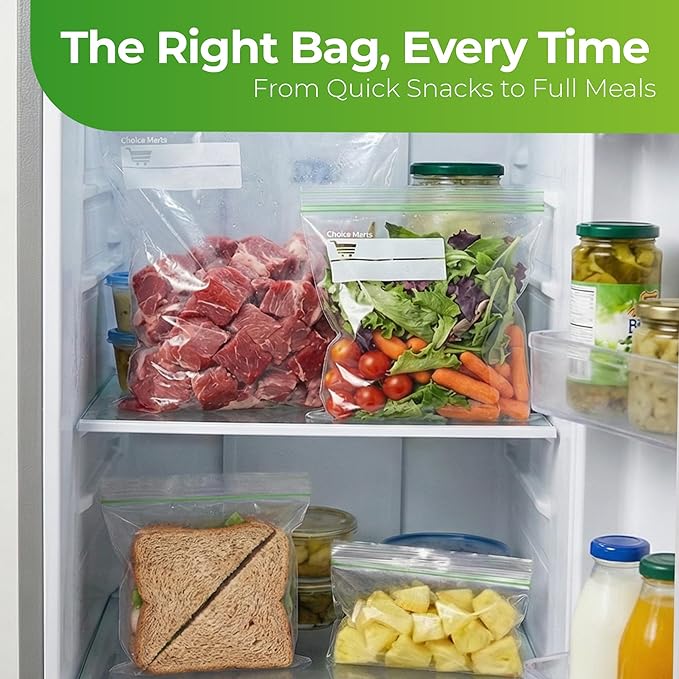 Baggies Variety Size Pack – 350 Count Food Storage Variety Pack with 50 Gallon Freezer Bags, 50 Quart Freezer Bags, 100 Sandwich Bags & 150 Snack Bags – Heavy Duty Resealable Freezer Storage Bags