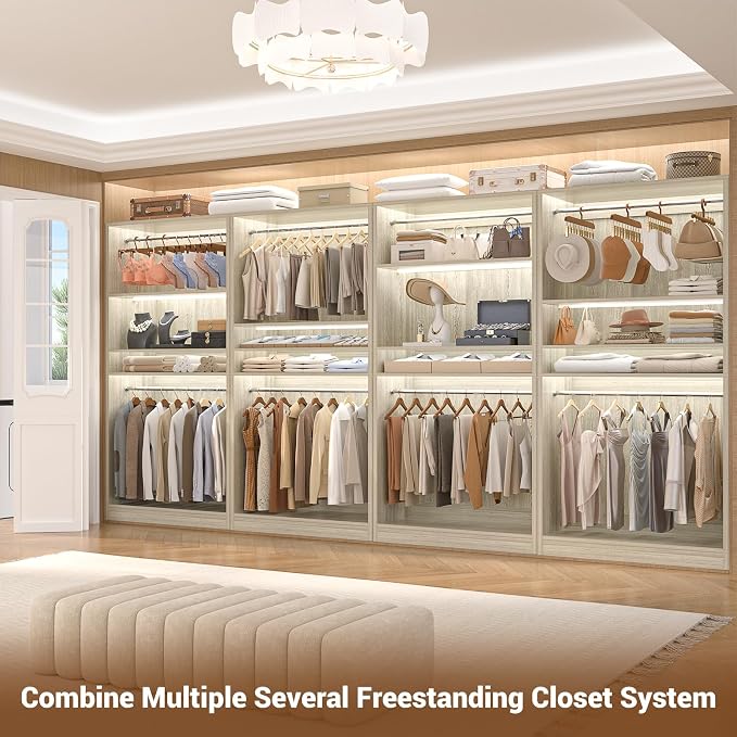 Unikito 72'' Closet System with 4 Hanging Rods, Walk-in Clothing Organizer, 2-Piece Wood Garment Rack for Bedroom, White Oak