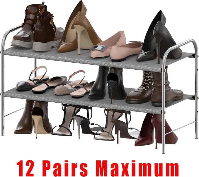 Simple Houseware 2-Tier Shoe Rack Storage Organizer, 12 Pairs, Grey | Space-Saving Shoe Shelf with Sturdy Metal Frame and Non-Woven Fabric Shelves for Entryway, Garage & Corridor