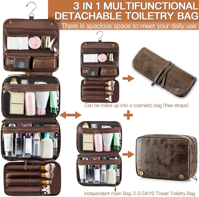 Elviros Hanging Toiletry Bag Removable Travel Bag PU leather Makeup Cosmetic Organizer Kit, Coffee | Removable Travel Organizer Bag for Cosmetics, Toiletries, Makeup Tools, and Daily Essentials with Easy Carry Design