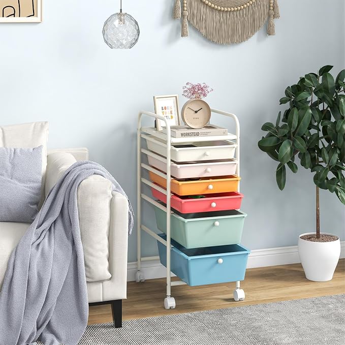 DREAMADE Rolling Cart With Storage Drawers, Utility Cart With Removable Plastic Drawers, Lockable Wheels for Classroom Organization, Art Supplies, Office, Scrapbook (6 Drawers, Macaron)