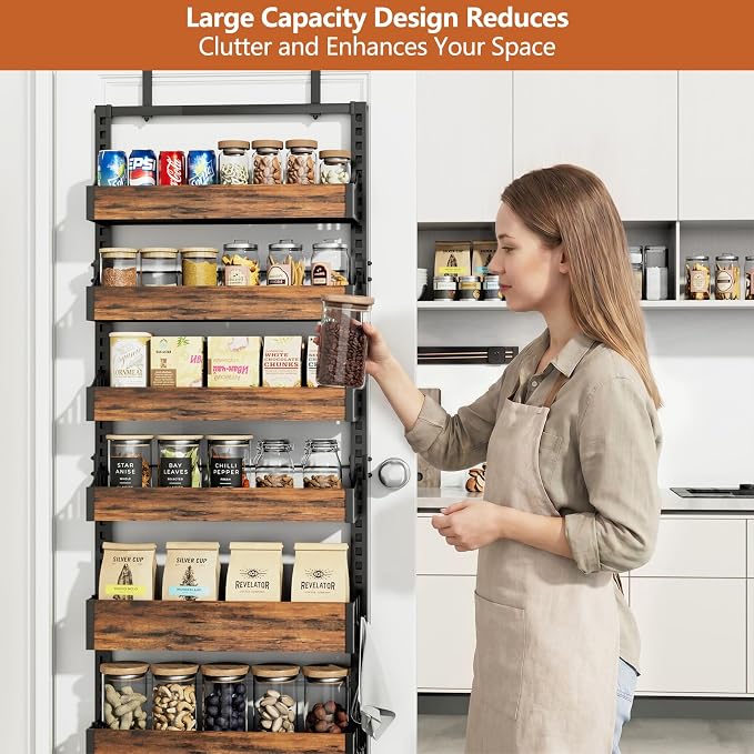 Over the Door Pantry Organizer: Storage and Pantry Organization with Hanging Basket - 6-Tier Metal Spice Rack Adjustable Shelves for Kitchen Laundry Room Bedroom & Bathroom Black